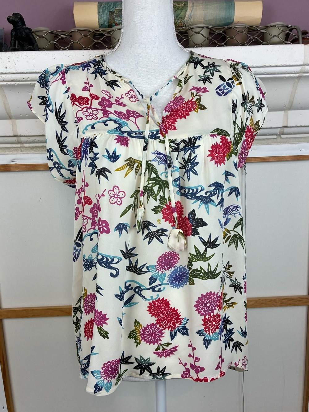 Nieves Lavi Silk Floral Blouse with tassel ties
